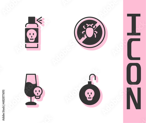 Set Nuclear bomb, Spray against insects, Poisoned alcohol and Stop colorado beetle icon. Vector