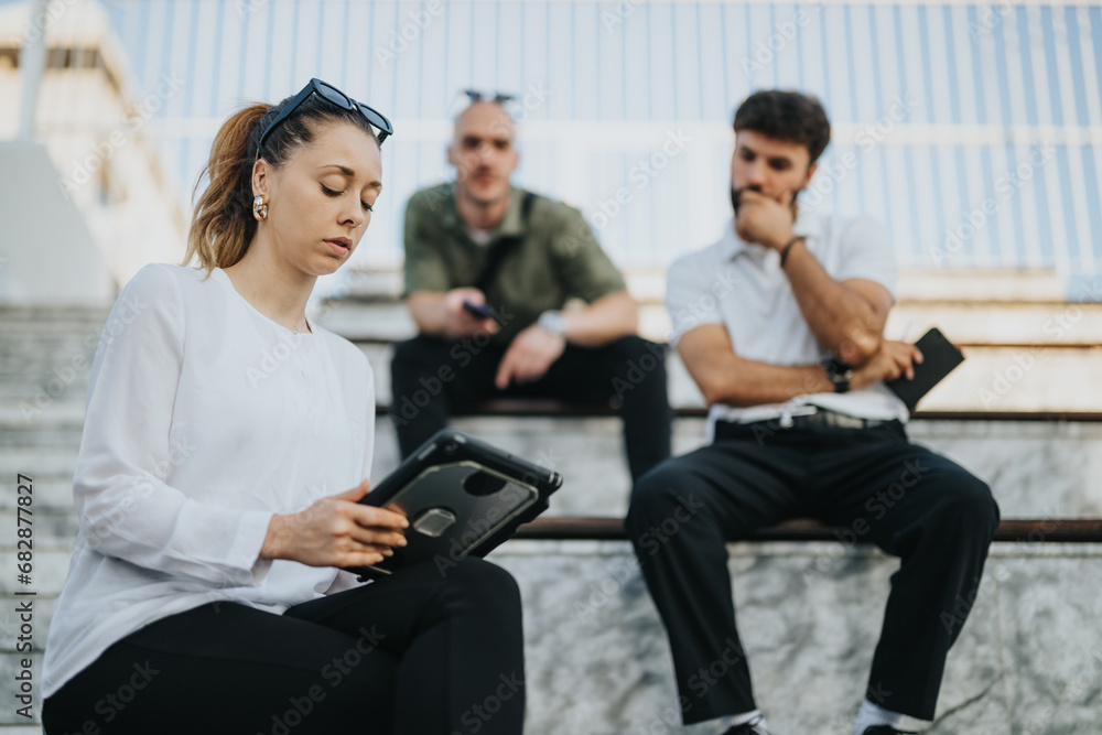 Obraz premium In the urban city, young business partners discuss project details and review documentation outdoors. Embracing teamwork and technology, they strategize for profitable planning.
