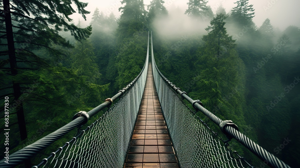 Fototapeta premium Generative AI, treetop boarding bridge on misty fir forest beautiful landscape in hipster vintage retro style, foggy mountains and trees. 