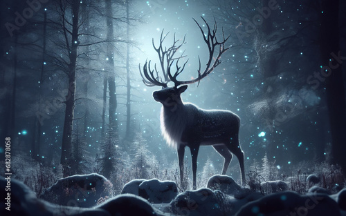 Elk or reindeer stag antlers beautiful realistic deer in a magical forest with sparkling lights Natural landscape background with elk © nana