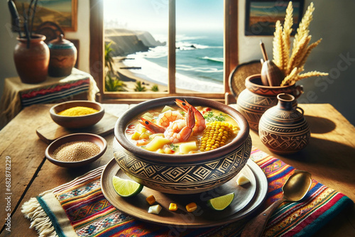 Peruvian Chupe de Camarones (Shrimp Chowder). Illustration for banner, food menu background, poster, brochure, cover photo. photo