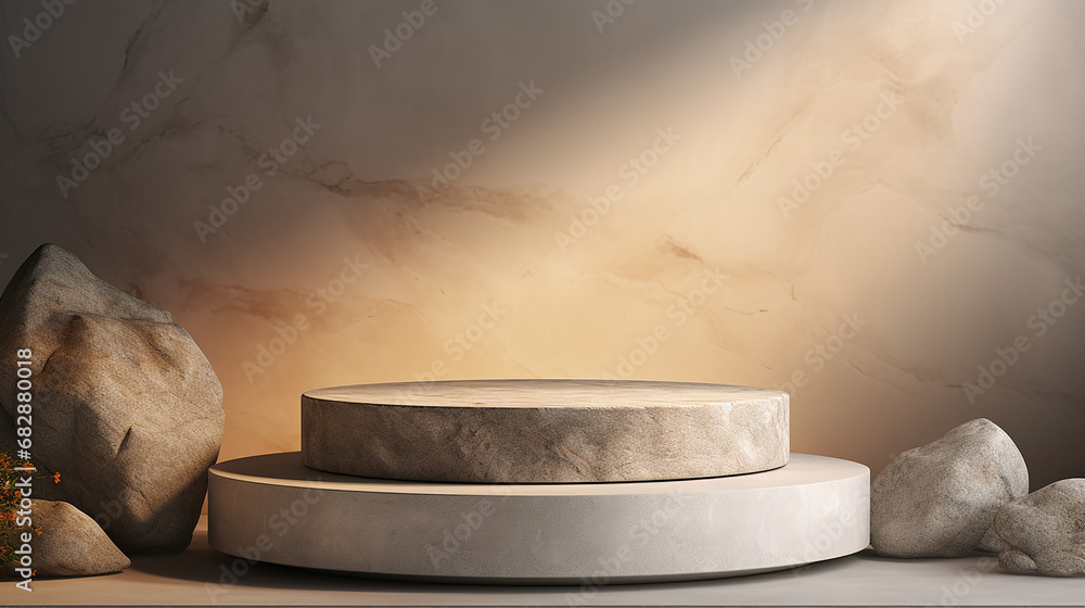 Stone podium for display product. Background for cosmetic product branding, identity and packaging. Made with generative ai Stone podium for display product. Background for cosmetic product branding, identity and packaging. Made with generative ai