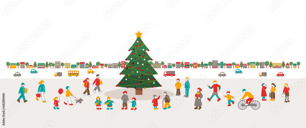 クリスマスツリーのある広場に集まる人々