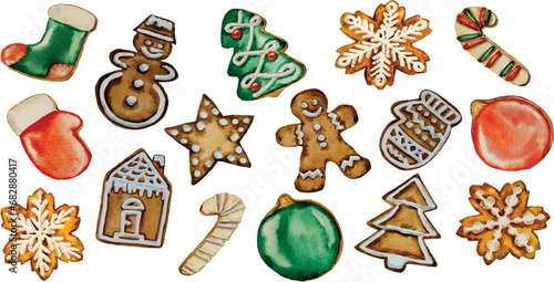 Vector watercolor collection of different Christmas gingerbread cookies, with white and colored glaze, Christmas tree, mitten, ball, snowman, sock, house, snowflake, star, candy cane  white background