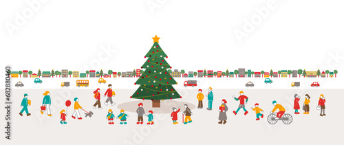 クリスマスツリーのある広場に集まる人々