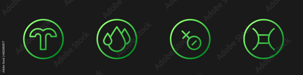 Set line Venus symbol, Aries zodiac, Water drop and Gemini. Gradient color icons. Vector Set line Venus symbol, Aries zodiac, Water drop and Gemini. Gradient color icons. Vector