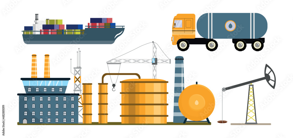 Set of oil industry objects in cartoon style. Vector illustration of oil refinery elements: oil tanker, truck, plant with tanks and lifting crane, oil pump isolated on white background.
