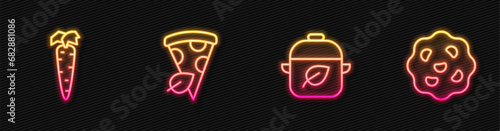 Set line Vegan food diet, Carrot, pizza slice and Cookie or biscuit. Glowing neon icon. Vector