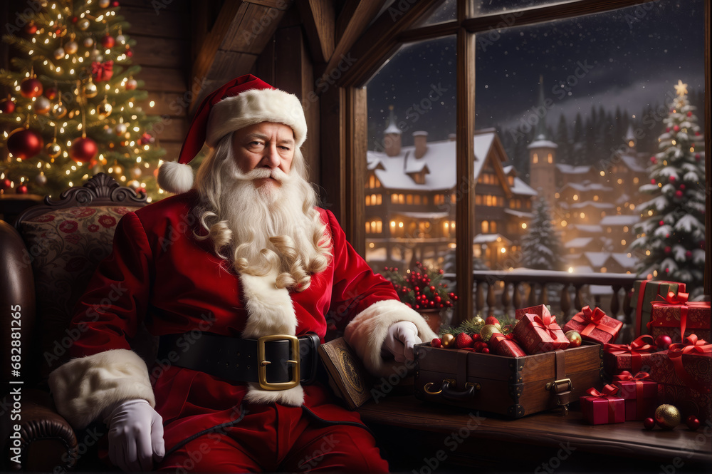 Santa Claus is portrayed in a traditional red suit, evokes the joy and anticipation of the holiday season. Set against a winter snowy wonderland, the scene transports to a bygone era.
