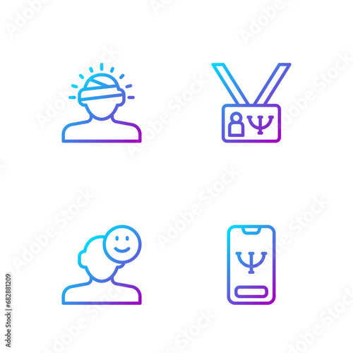 Set line Online psychological counseling, Good mood, Concussion, headache and Psychology. Gradient color icons. Vector