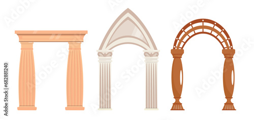 Set of exquisite classic arches in a cartoon style. Vector illustration of beautiful, elegant antique arches: rectangular and arched with capitals and bases. Support for arches and vaults.