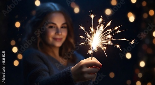 New Year's sparkler at night in a hands. Holiday christmas background created with generative ai