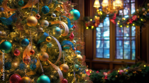 A beautifully decorated Christmas tree with colorful ornaments and twinkling lights.