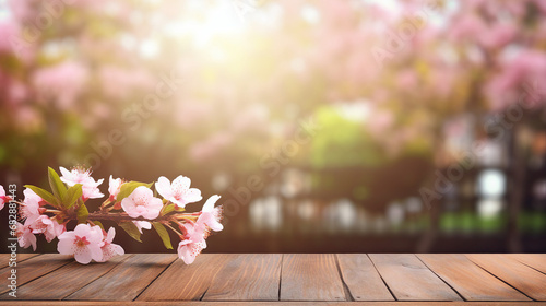 Wooden Table in Sakura Flower Park - Outdoor Picnic Serenity © sunanta
