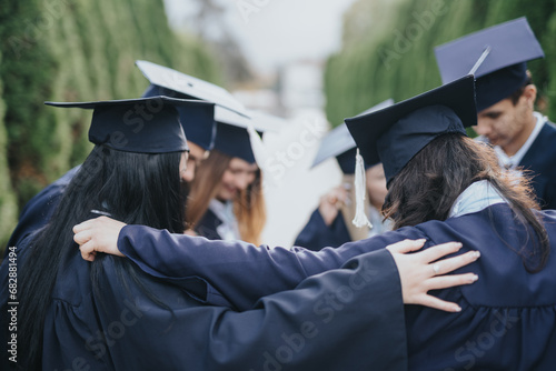 Graduating students celebrate their achievement, hugging and smiling in a park. A diverse group in graduation gowns and caps share positive memories and congratulate each other on their success. photo