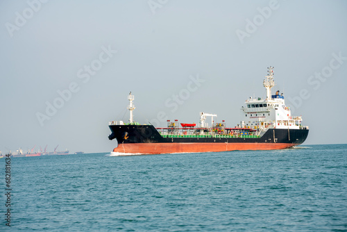 Oil Crude Gas Tanker Ship  Cargo container Ship offshore mooring at Ocean Bay Petroleum Chemical export import transportation and logistics  Oil leak from Ship  industrial petroleum products Vessel