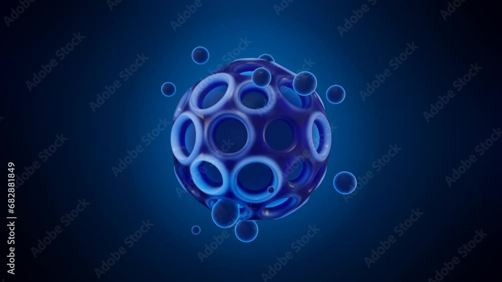 Loop 3d animation of a blue sphere with craters from which drops of blue liquid fly out. Futuristic animation, fantastic background, 3d abstraction. Loop 3d animation of a blue sphere with craters from which drops of blue liquid fly out. Futuristic animation, fantastic background, 3d abstraction.