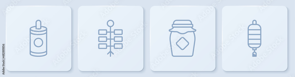Set line Firework, Jar of honey, and Chinese paper lantern. White square button. Vector Set line Firework, Jar of honey, and Chinese paper lantern. White square button. Vector