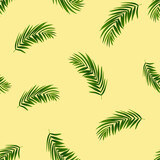 Summer background,Seamless Pattern Palm leaves on Yellow Color,Pattern Random Green Coconut leaves,Vector Seamless Tropical Nature branches for Holiday Season,Travel,Vacation Background