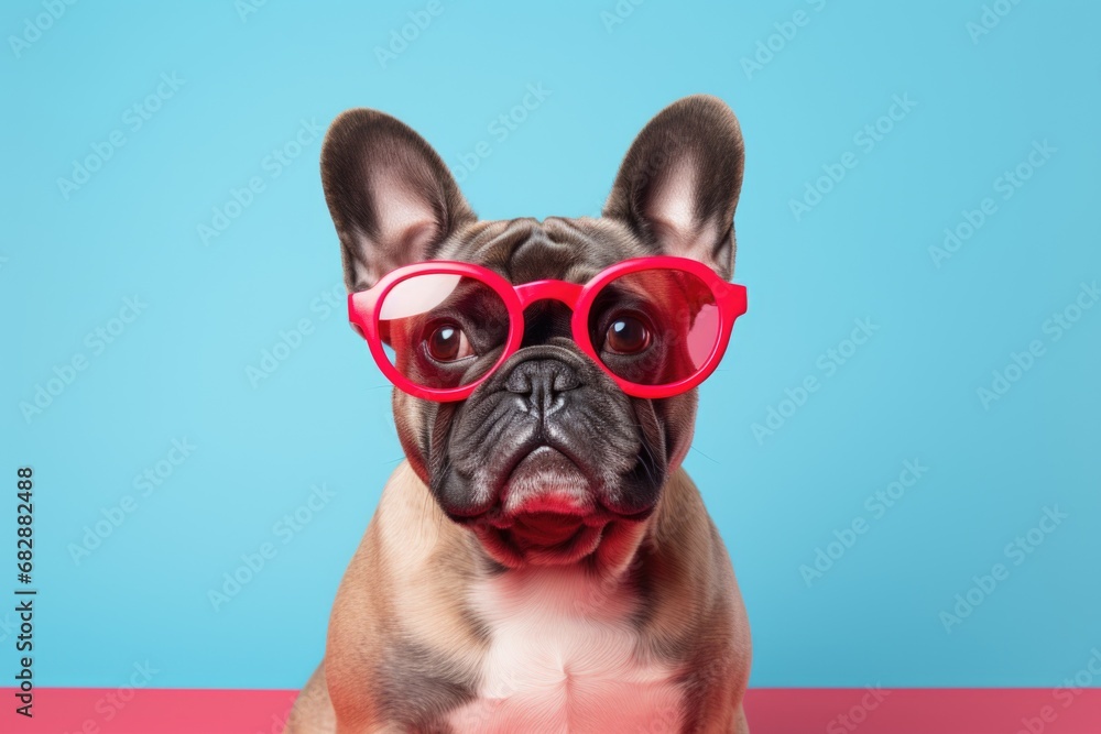 funny and cute french bulldog in glasses on blue studio background