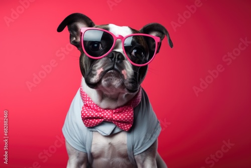 funny and cute dog in glasses on pink studio background