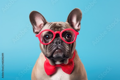 funny and cute french bulldog in glasses on blue studio background © Anastasia YU