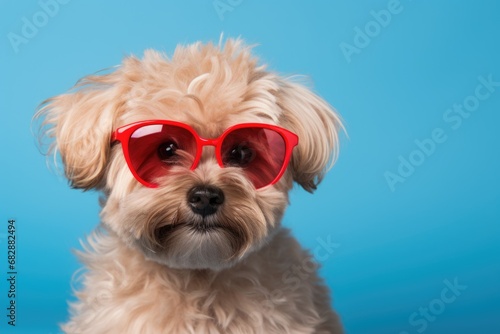 funny and cute dog in glasses on blue studio background