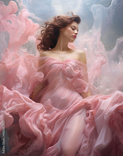 Brunette beautiful feminine figure in a swirl of thin pink fabric, a romantic portrait that celebrates the beauty of the female body