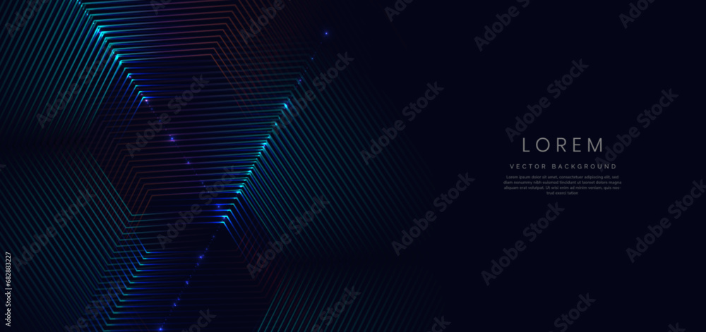Abstract technology futuristic glowing neon blue and red hexagon light lines with speed motion moving on dark blue background. Abstract technology futuristic glowing neon blue and red hexagon light lines with speed motion moving on dark blue background.