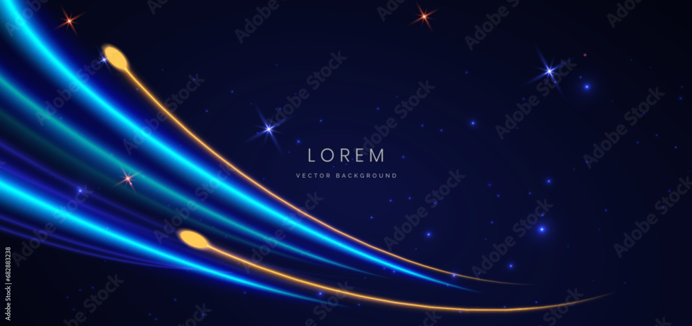 Obraz premium Abstract technology futuristic glowing neon blue and yellow curved light lines with speed motion moving on dark blue background.