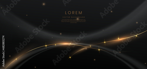 .Luxury black background with gold line curved and lighting effect sparkle.