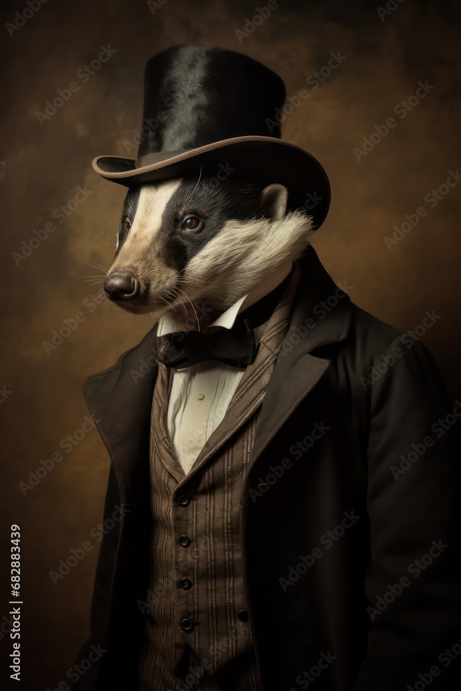 Black and white photography of an archeologist badger, generated with AI - obrazy, fototapety, plakaty 