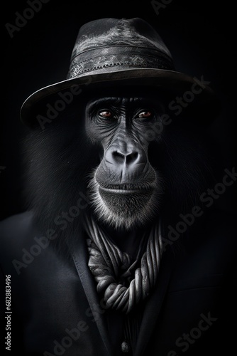 Black and white photography of a mandrill, generated with AI