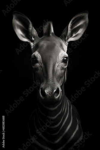 Black and white photography of an okapi, generated with AI