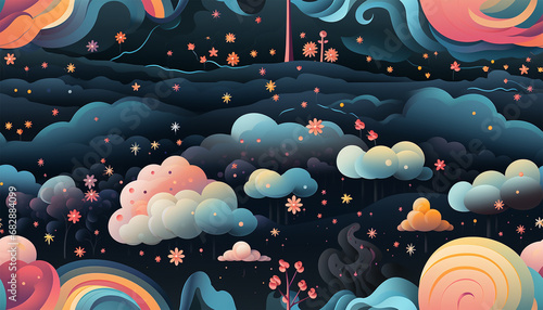 Unicorn design pattern landscape fantasy. Seamless kids princess style and unicorn illustration background pattern
