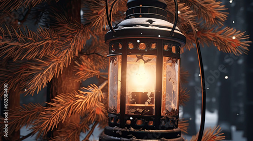 Detailed view of a lantern with snowy accents and pine needles.