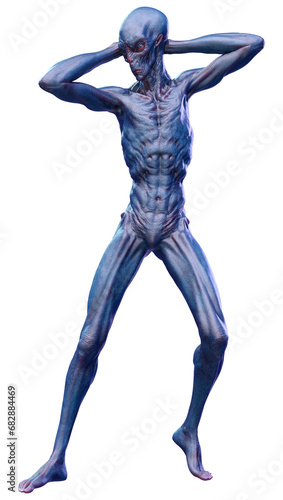 3D Rendering Blue Alien on White