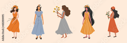 Minimalist Faceless Women Vector Graphics Bundle with Dresses and Flower Hair Accessories