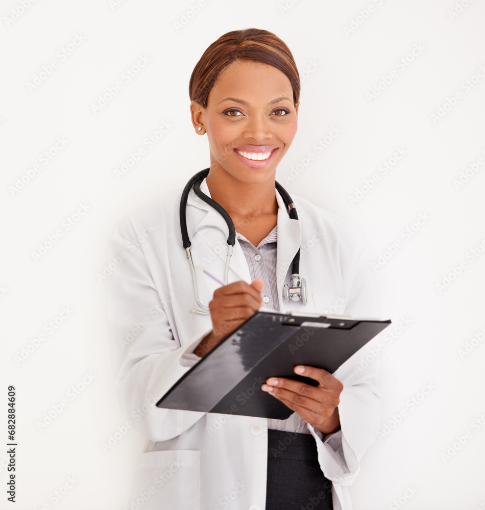 Doctor portrait, woman and folder or documents for medical information, test results or evaluation in studio. Face of healthcare worker writing in charts or checklist on a wall or white background Doctor portrait, woman and folder or documents for medical information, test results or evaluation in studio. Face of healthcare worker writing in charts or checklist on a wall or white background