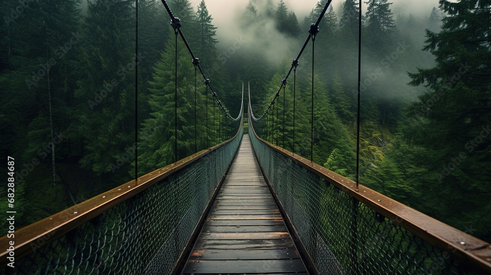 Fototapeta premium Generative AI, treetop boarding bridge on misty fir forest beautiful landscape in hipster vintage retro style, foggy mountains and trees...