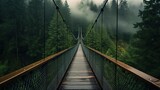 Generative AI, treetop boarding bridge on misty fir forest beautiful landscape in hipster vintage retro style, foggy mountains and trees...