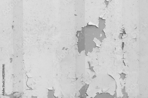 Grey peeling old paint with metal surface fence texture background, close-up gray macro