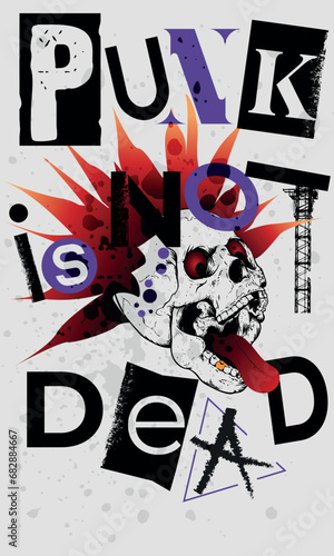Punk is not dead poster design with skull with wagging toungue, t-shirt print