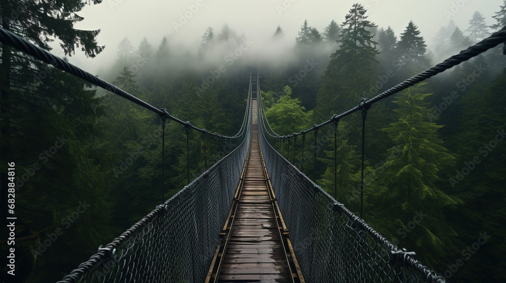 Obraz premium Generative AI, treetop boarding bridge on misty fir forest beautiful landscape in hipster vintage retro style, foggy mountains and trees...