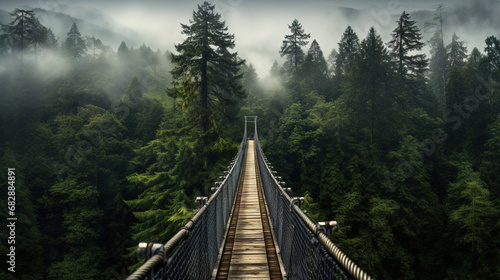 Generative AI, treetop boarding bridge on misty fir forest beautiful landscape in hipster vintage retro style, foggy mountains and trees...