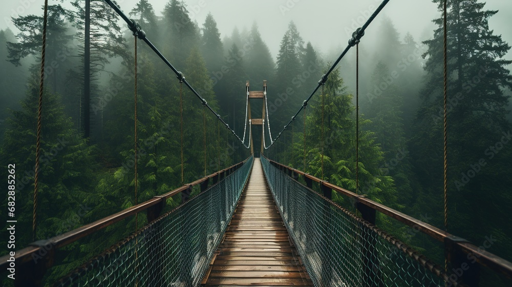 Obraz premium Generative AI, treetop boarding bridge on misty fir forest beautiful landscape in hipster vintage retro style, foggy mountains and trees...