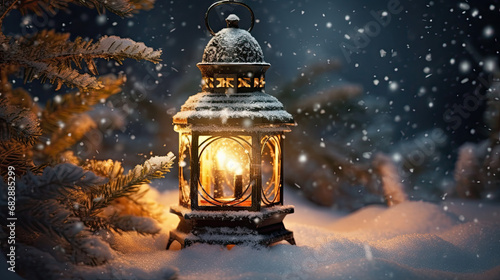 Glowing lantern with snow-covered fir branches in the backdrop.