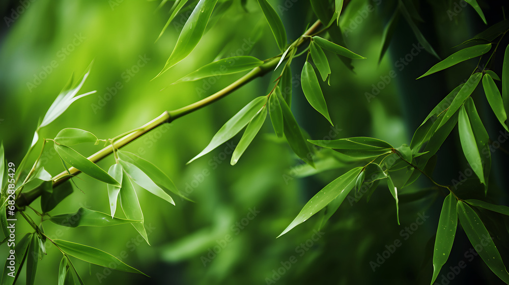 Naklejka premium Lush green bamboo stalks with fresh leaves and water droplets