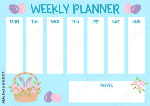 Weekly planner for kids with cute bunny ears in a basket, flowers and eggs. Easter theme school timetable. Class schedule for students. Vector illustration.