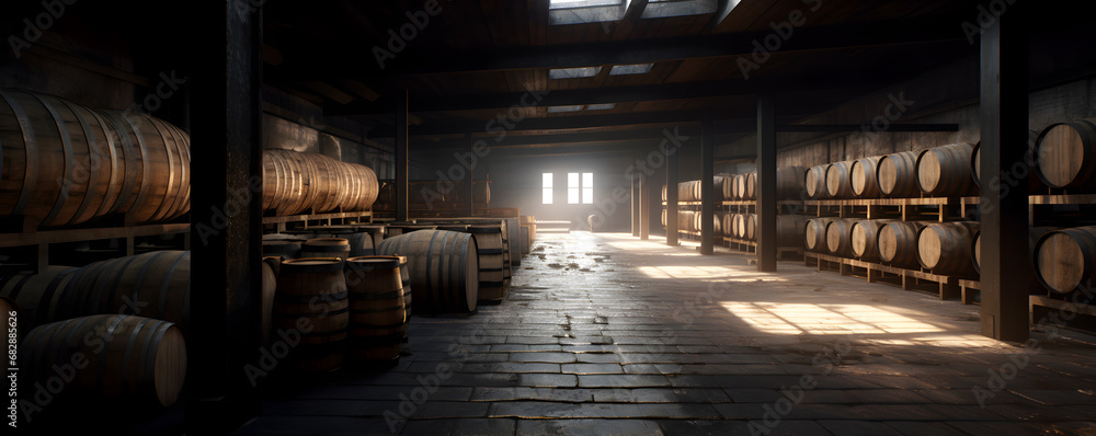 Storage room with whiskey barrels. Oak casks of brandy. Edited AI illustration. Storage room with whiskey barrels. Oak casks of brandy. Edited AI illustration.